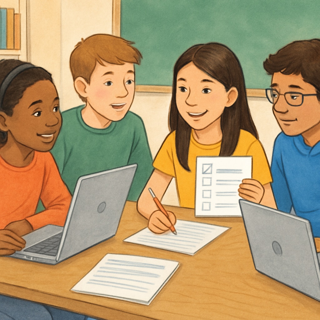 Diverse group of middle school students collaborating around a table with laptops and survey materials Students conducting media research through classroom survey project