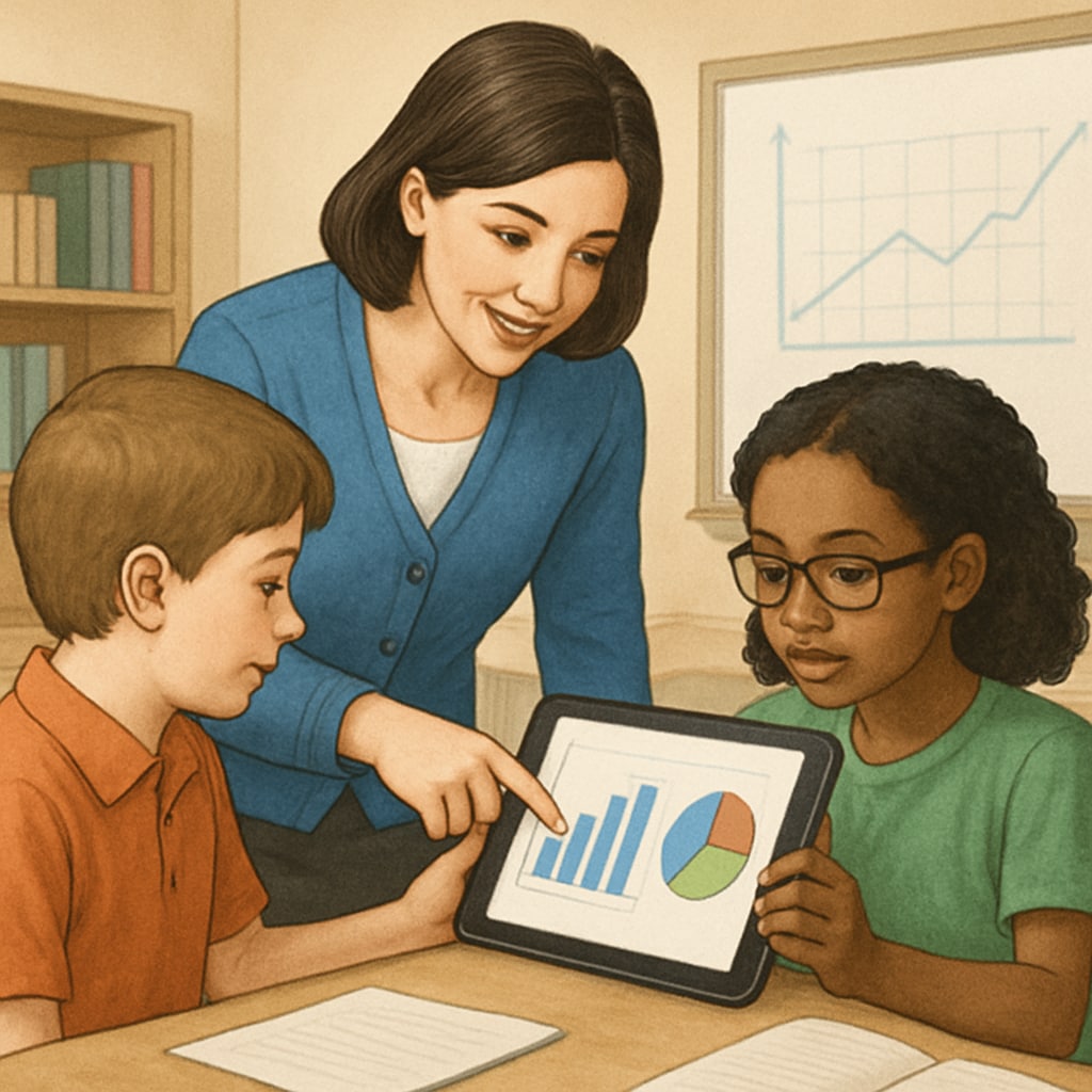 Teacher assisting two students with data visualization on a tablet computer Educator providing academic support for media research assignment