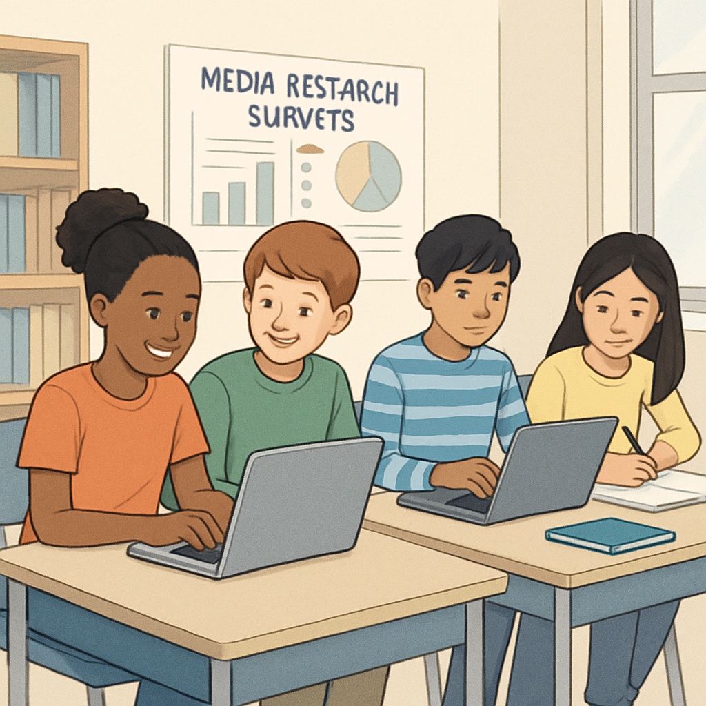 Students conducting media research surveys with online community support