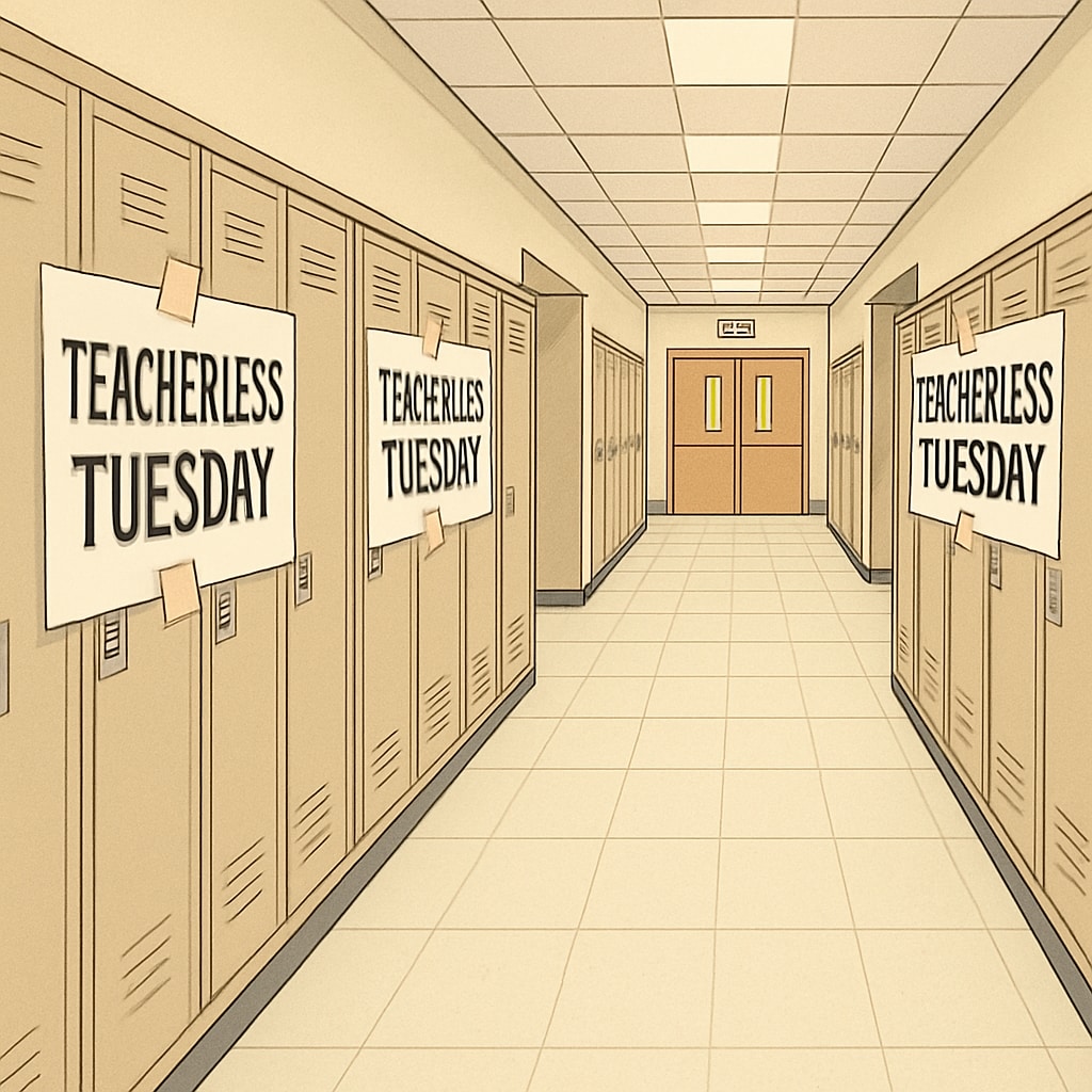 Empty school corridor with protest signs reading Teacherless Tuesday protest in an empty school