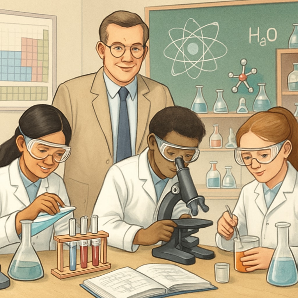 Science teacher supervising students conducting experiments in a well-equipped school laboratory K12 STEM education building foundations for higher education success