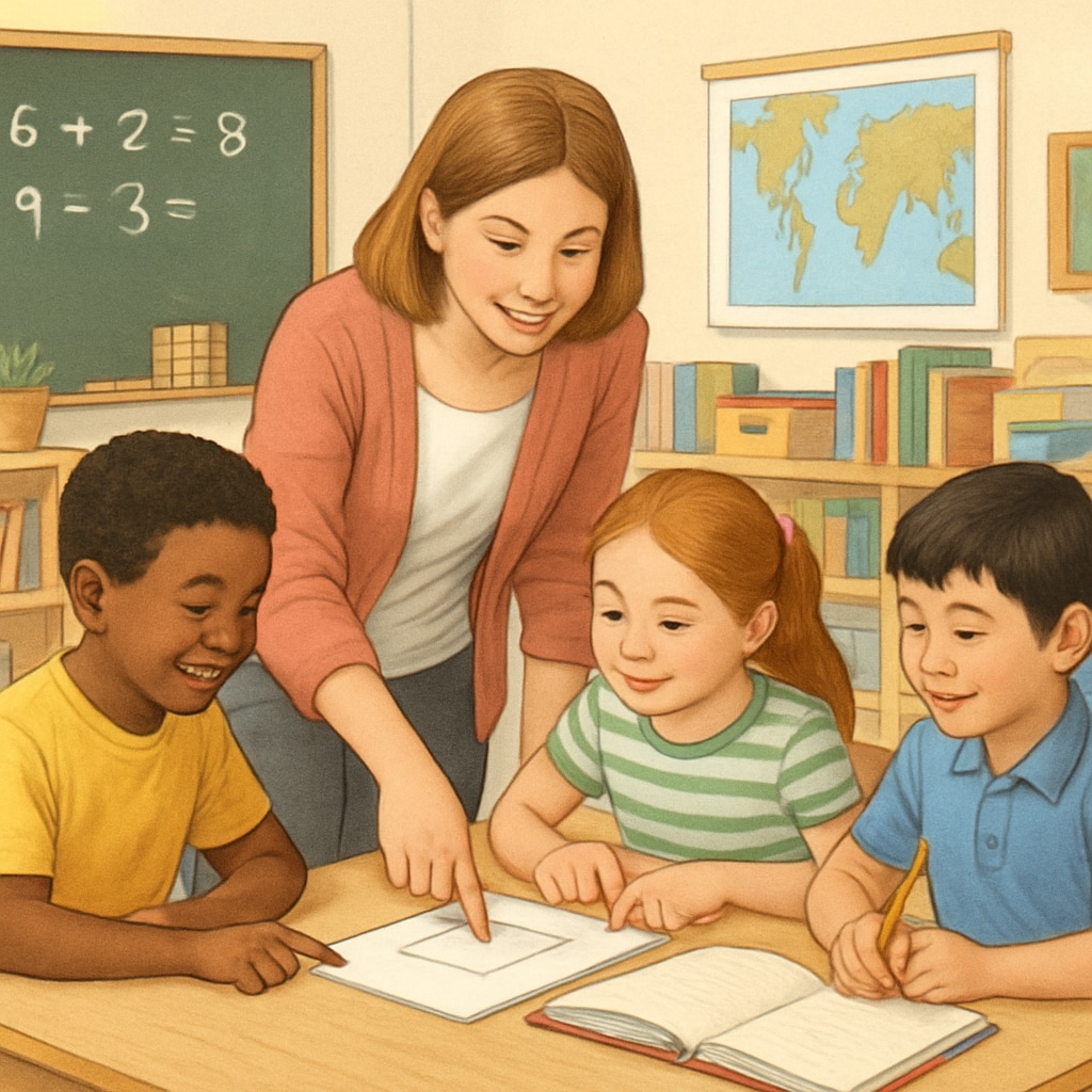 Elementary school teacher leading small group activity with diverse students in bright, well-organized classroom Public elementary school quality assessment through classroom observation