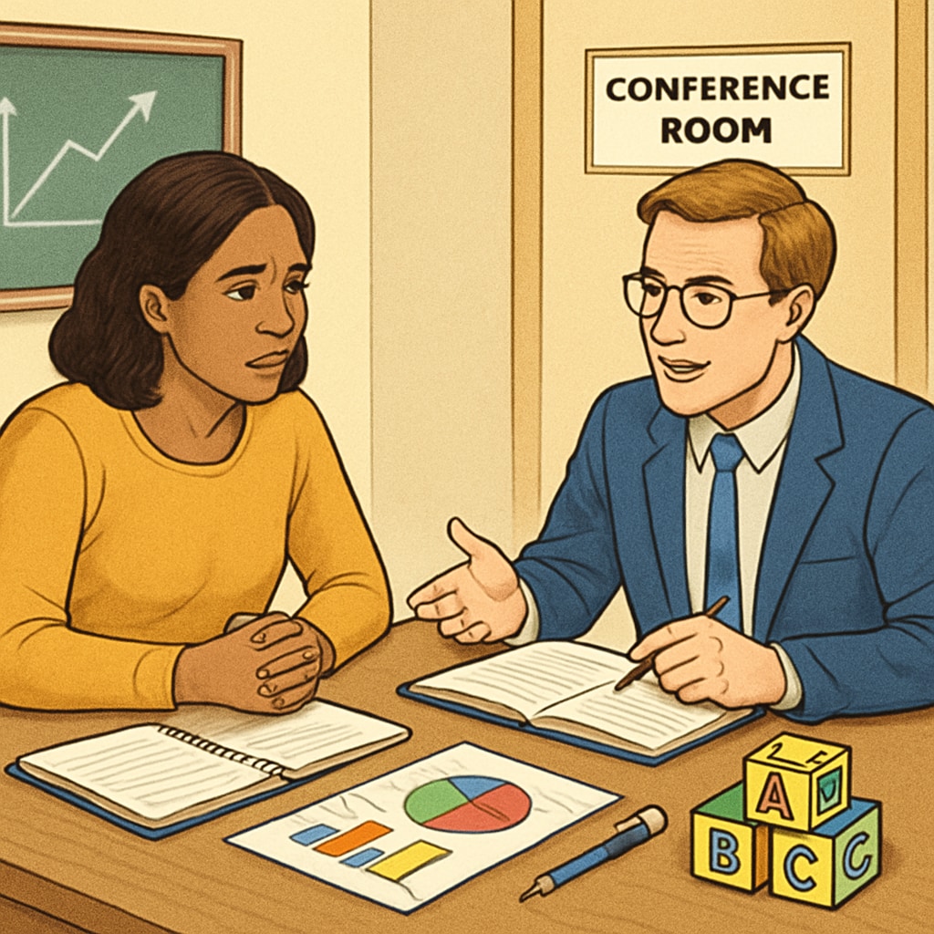Attentive parent discussing child's progress with teacher during school conference Elementary school choice factors including parent-teacher communication