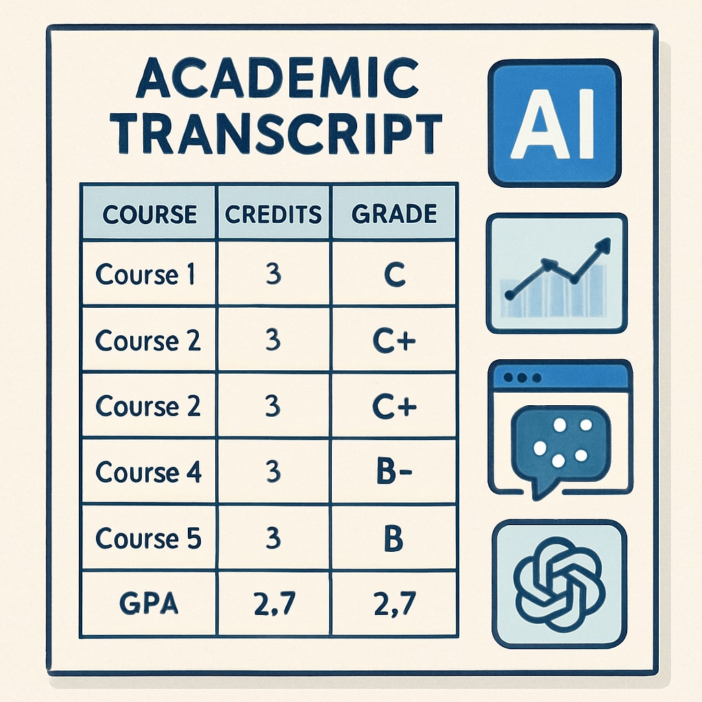 Academic transcript with visible grade progression from C to B range alongside digital AI tools Measurable academic improvement using AI subscriptions