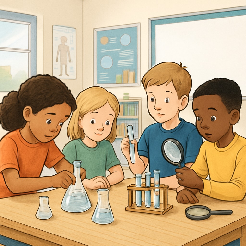 Elementary students collaborating at a classroom table with science experiment materials, showing varied engagement levels Gifted label pressure in diverse elementary classroom