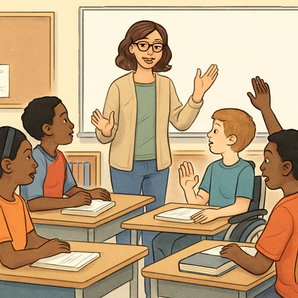 Middle school teacher guiding mixed-ability student discussion in modern classroom Alternative education approaches without gifted labels