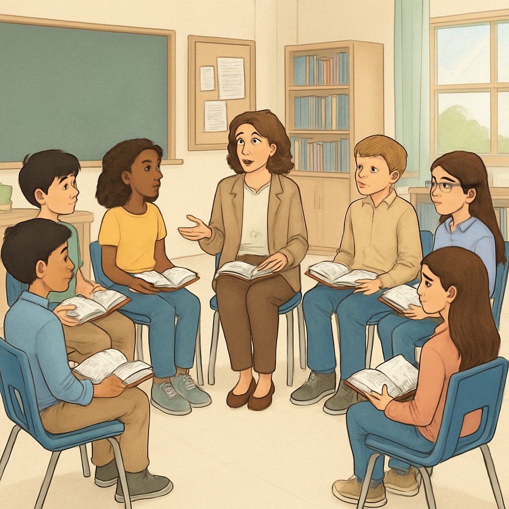 Diverse group of middle school students sitting in circle discussing book with teacher moderating K12 education fostering personal growth through discussion