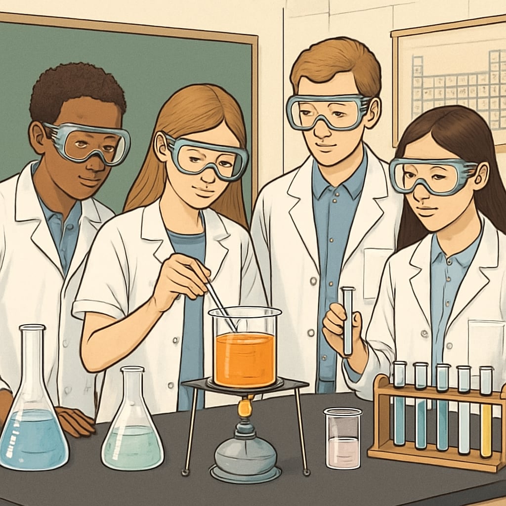 High school students wearing safety goggles conducting chemistry experiment Critical thinking development through hands-on science education