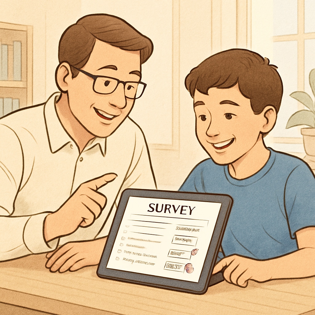 Family completing an education survey questionnaire together