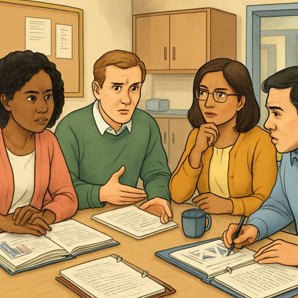 Teachers discussing educational philosophy with academic supervisors