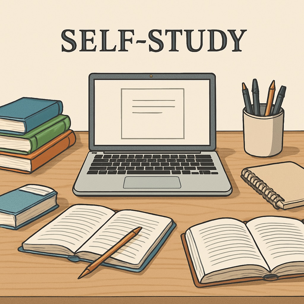 An adult working at a wooden desk with books, notebooks, and a laptop, demonstrating organized self-study Adult addressing educational gaps through systematic learning