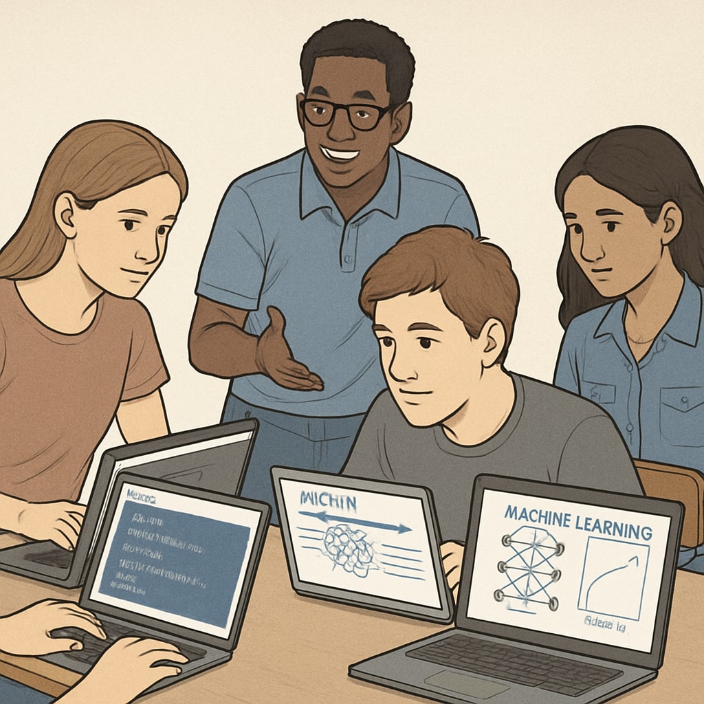 Undergraduate students collaborating on AI education projects with limited computational resources