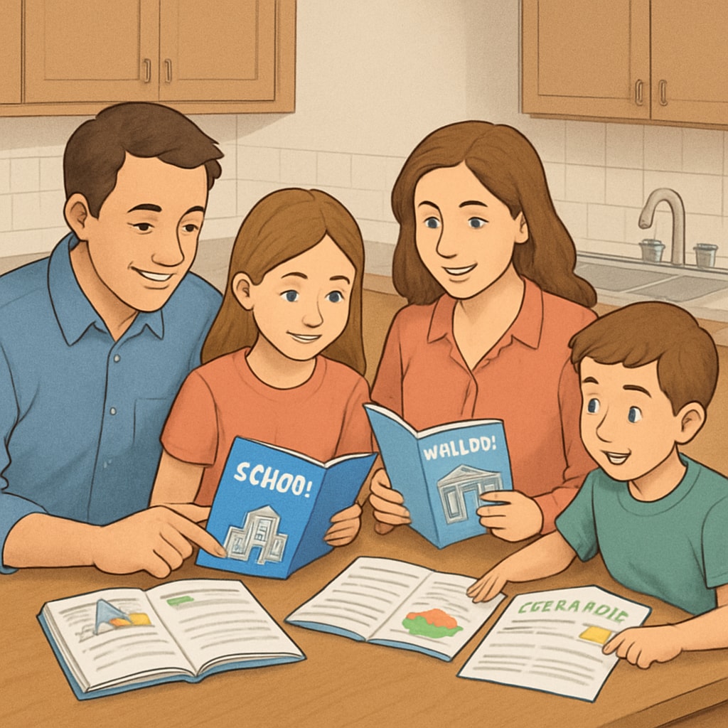 Parents evaluating public district vs private education options with children