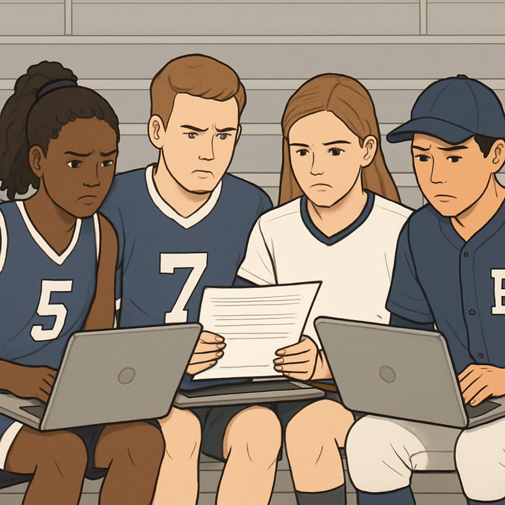 Student athletes discussing academic integrity and AI cheating prevention