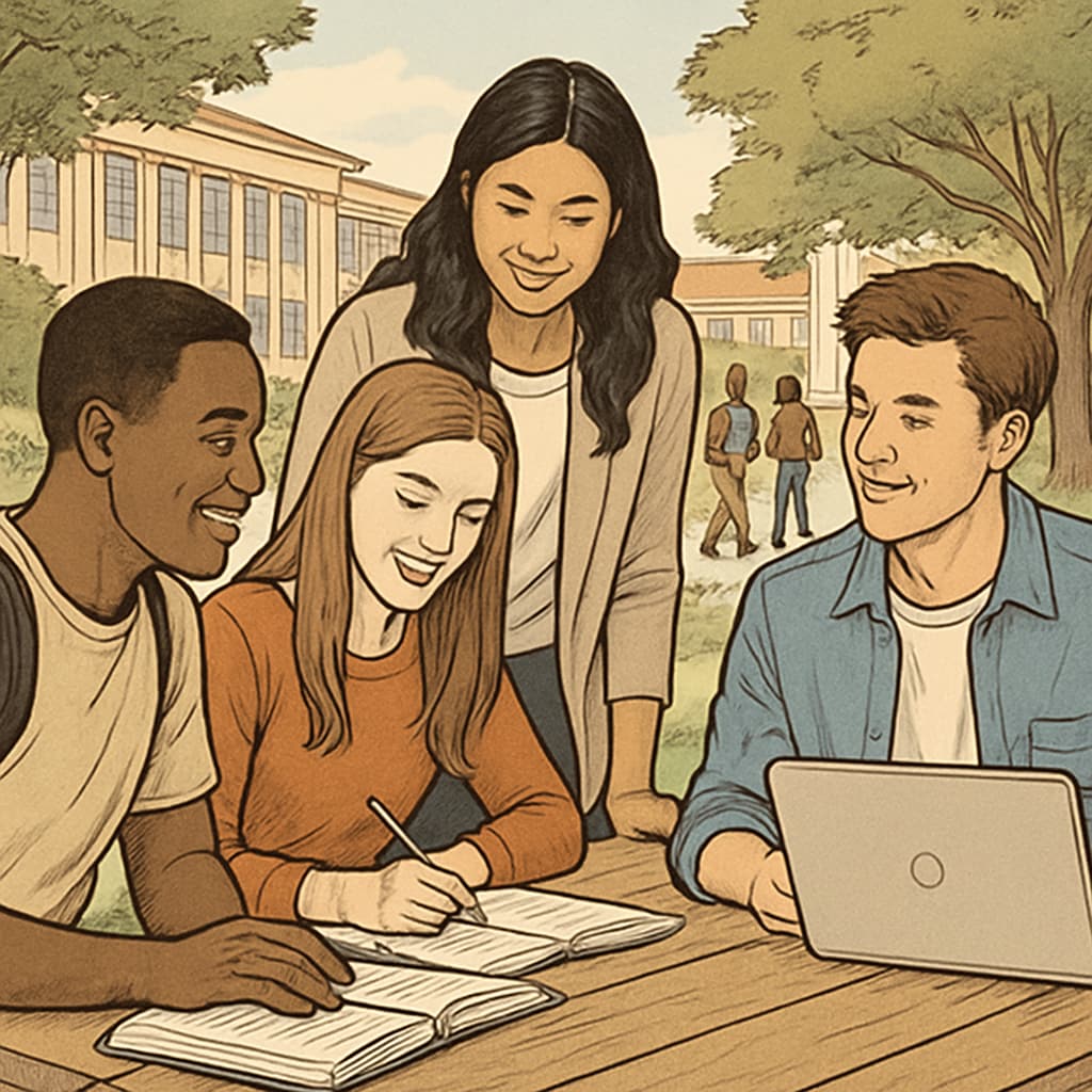 Young college students collaborating with peers