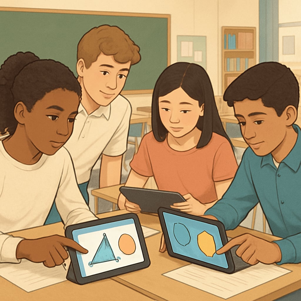 Students using geometry apps in US high school classroom
