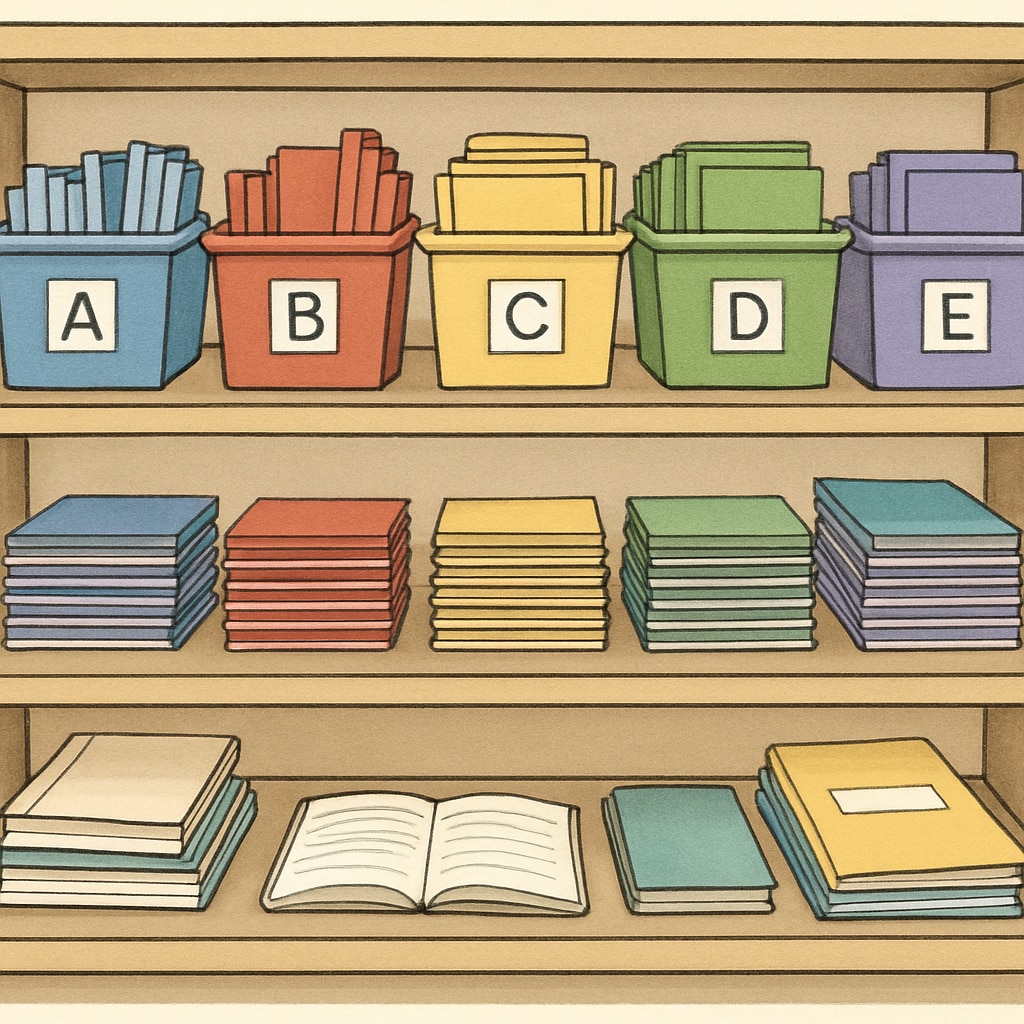 Organized classroom shelves with color-coded bins containing leveled learning materials Multi-level teaching resources organization