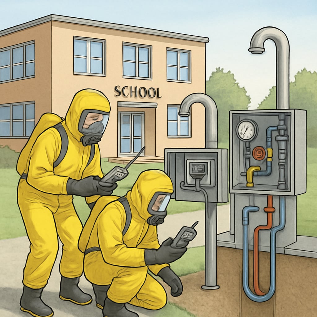 Emergency personnel in hazmat suits using gas detectors near a school's geothermal well installation Methane leak detection at Raytown school geothermal well