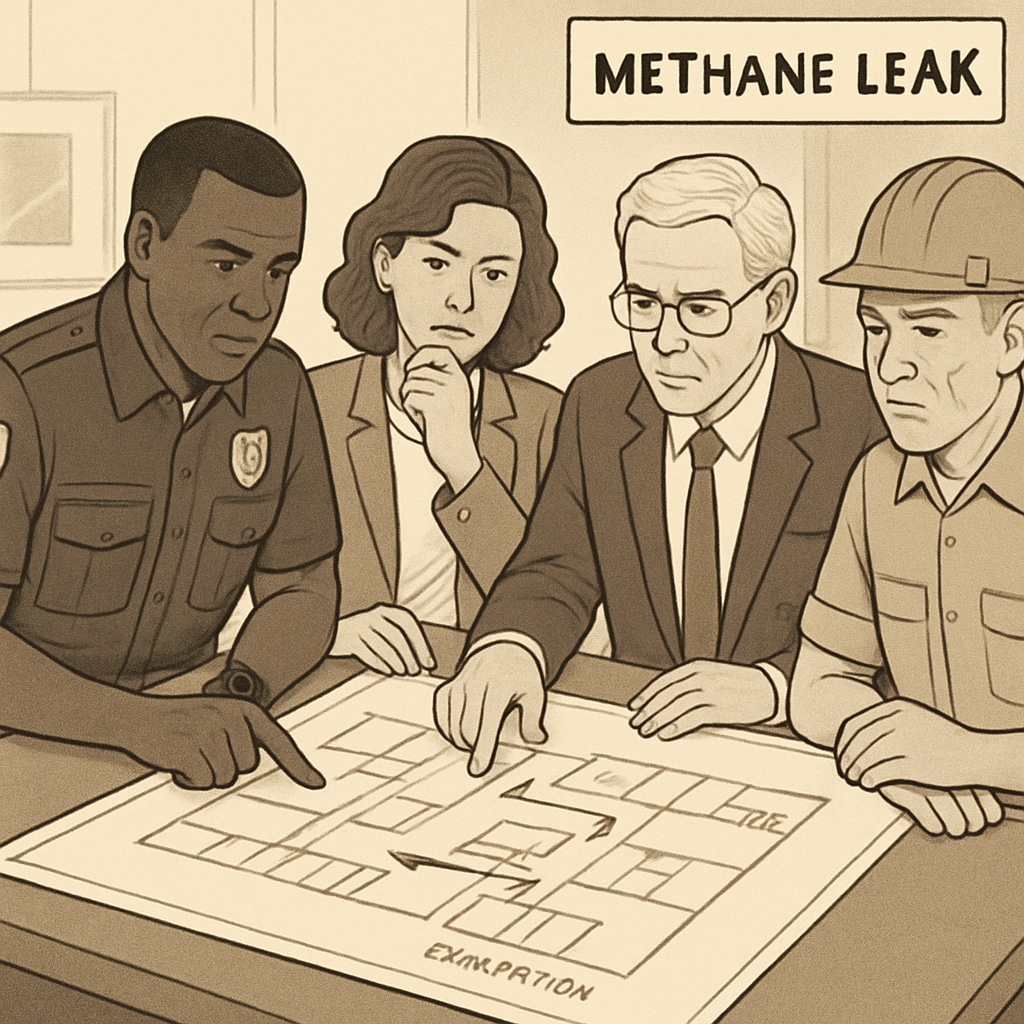 School administrators and safety officers reviewing blueprints during the methane leak evacuation School closure emergency meeting during geothermal well incident
