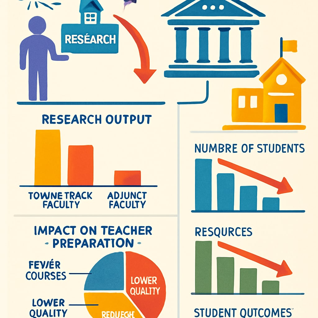 Colorful infographic illustrating how adjunct faculty research demands negatively impact K12 teacher preparation programs Systemic effects of academic exploitation in higher education