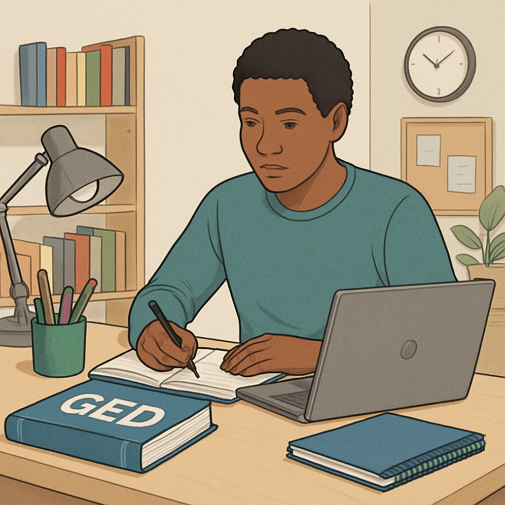 Online GED student studying with laptop