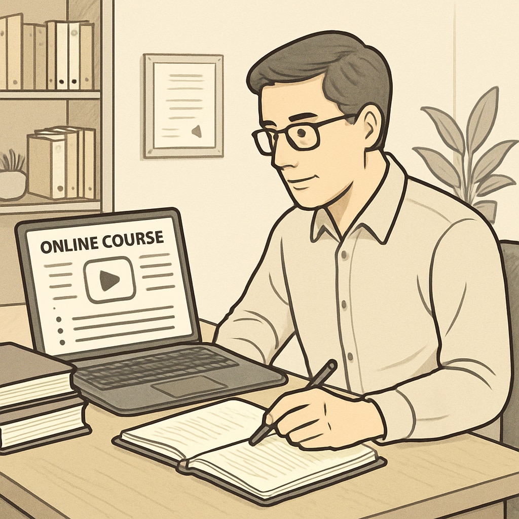An adult learner reviewing online course materials on a laptop with a notebook open nearby, showing the reality of continuing education for working professionals. Adult learner engaged in degree completion through online education