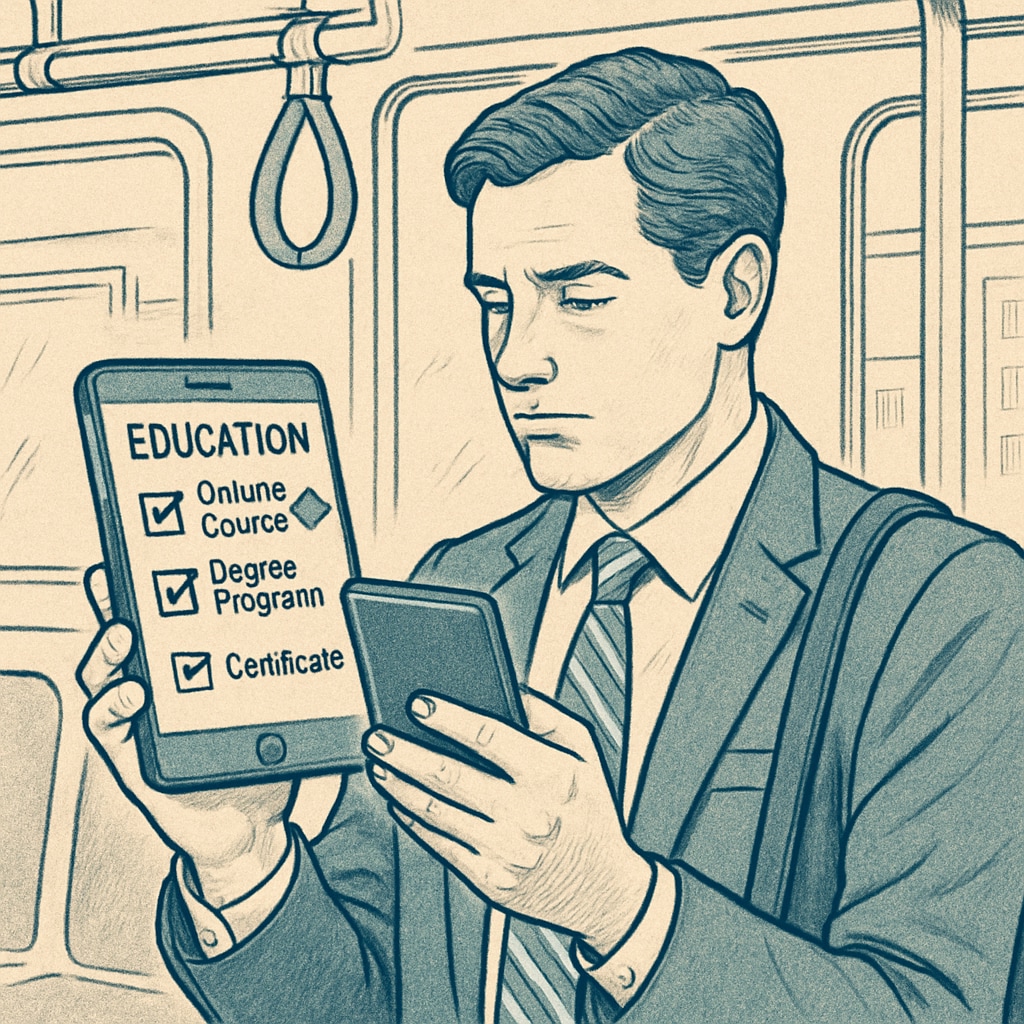 A business professional reviewing educational options on a smartphone while commuting, representing the need for flexible continuing education solutions. Working professional researching credit transfer alternatives