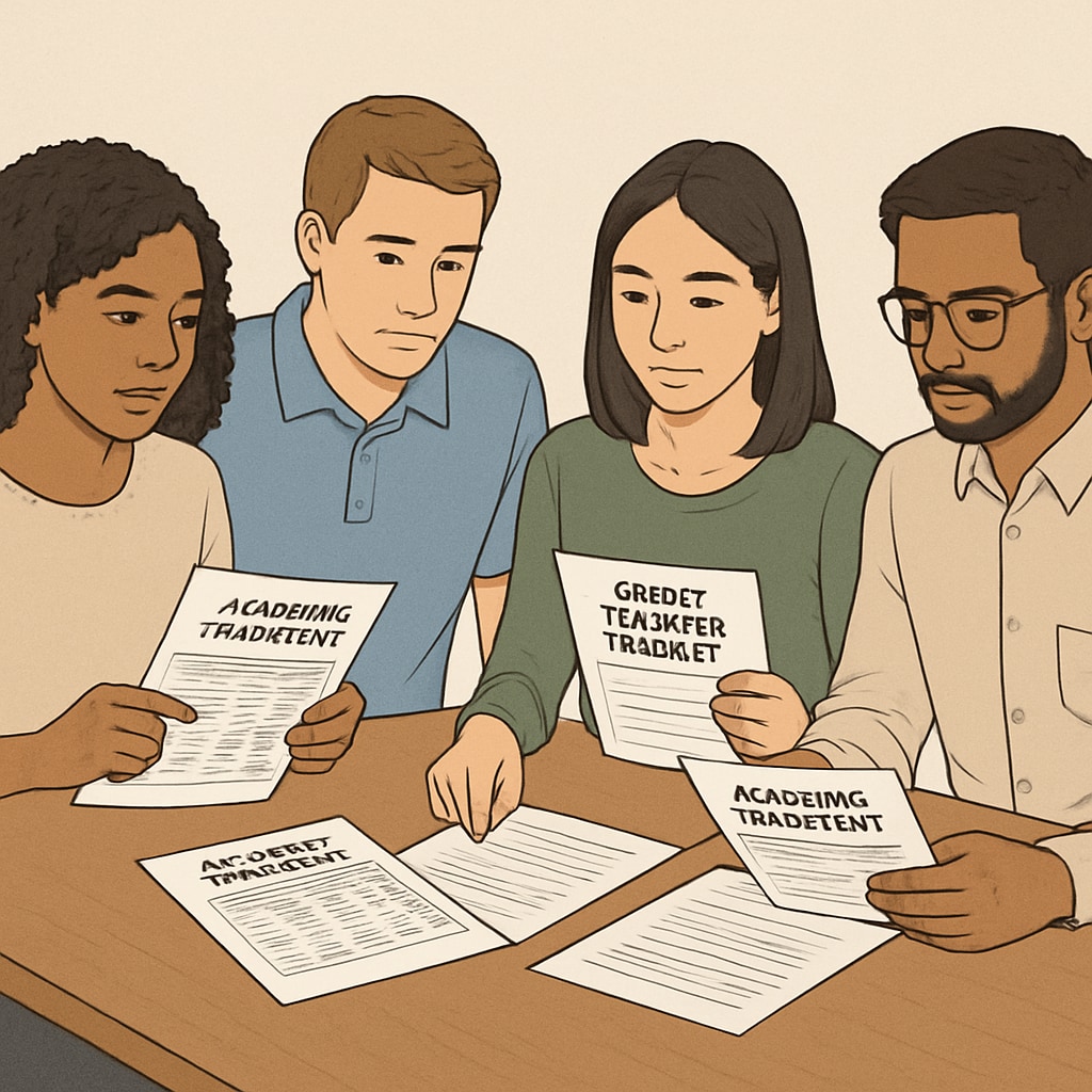 Diverse group of college students sitting at a table reviewing academic transcripts and credit transfer request forms Students discussing university credit transfer options for degree completion