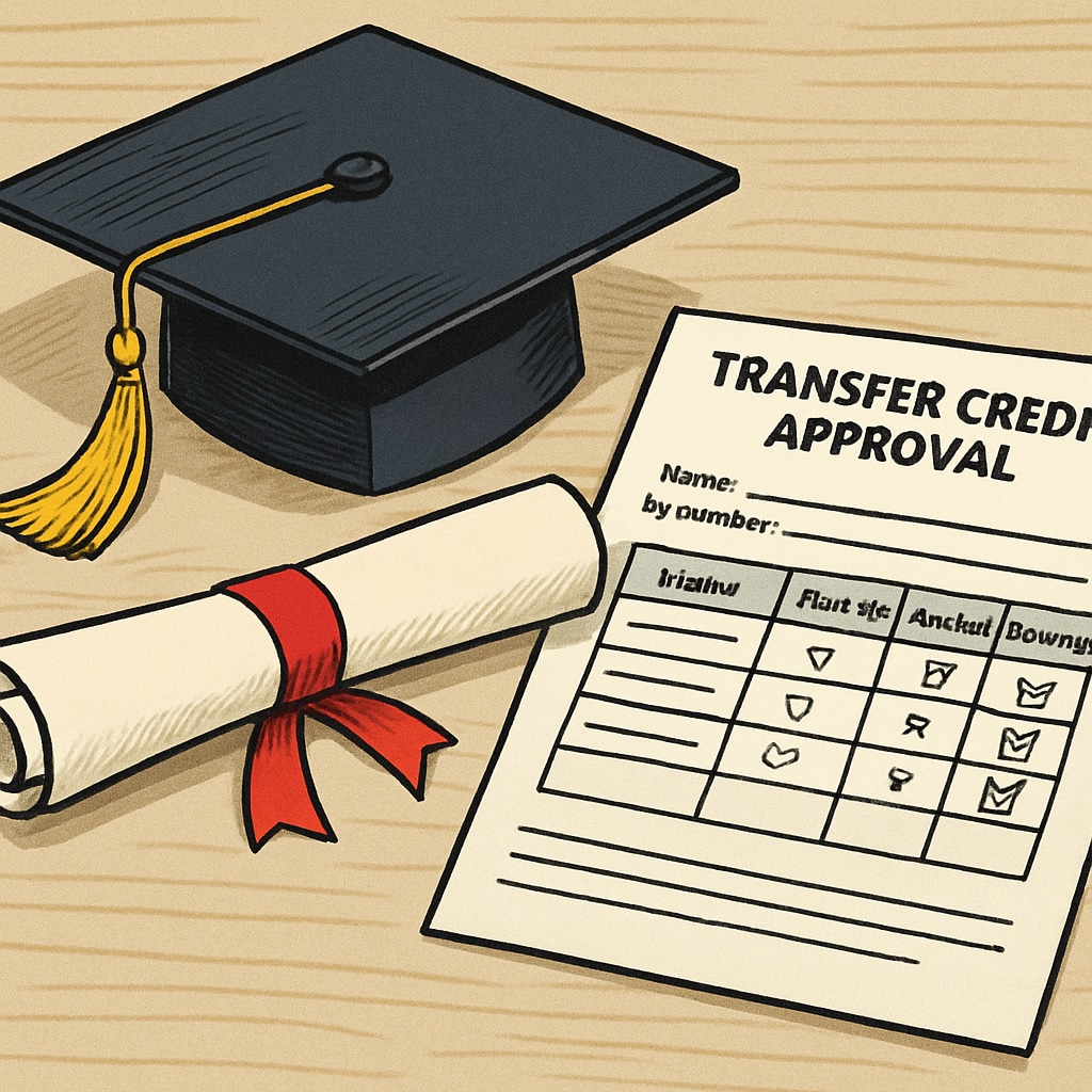 Close-up of a graduation cap and diploma placed beside filled-out transfer credit approval forms Credit transfer solutions leading to successful degree completion