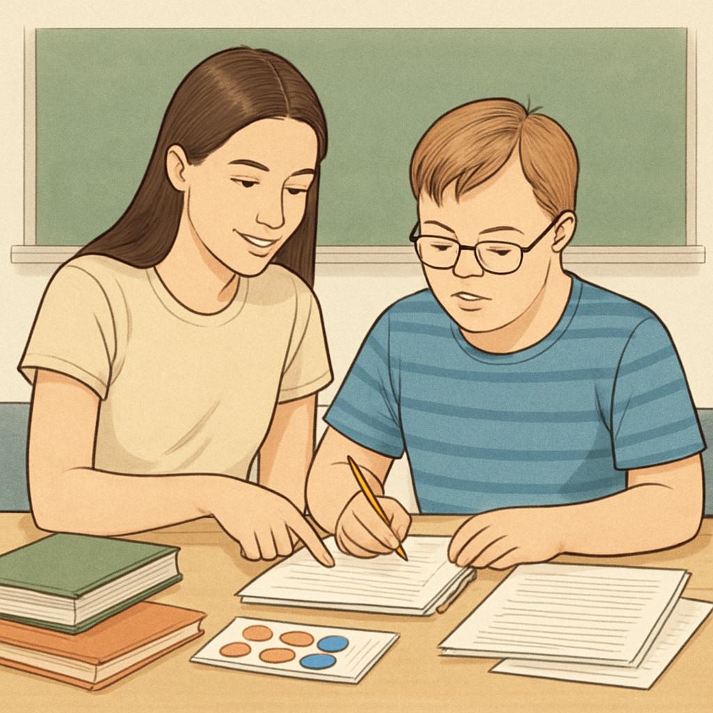 A young female college student assisting a teenage boy with Down syndrome during a classroom activity. They are working together at a table with educational materials. Special education student working with older student during summer program