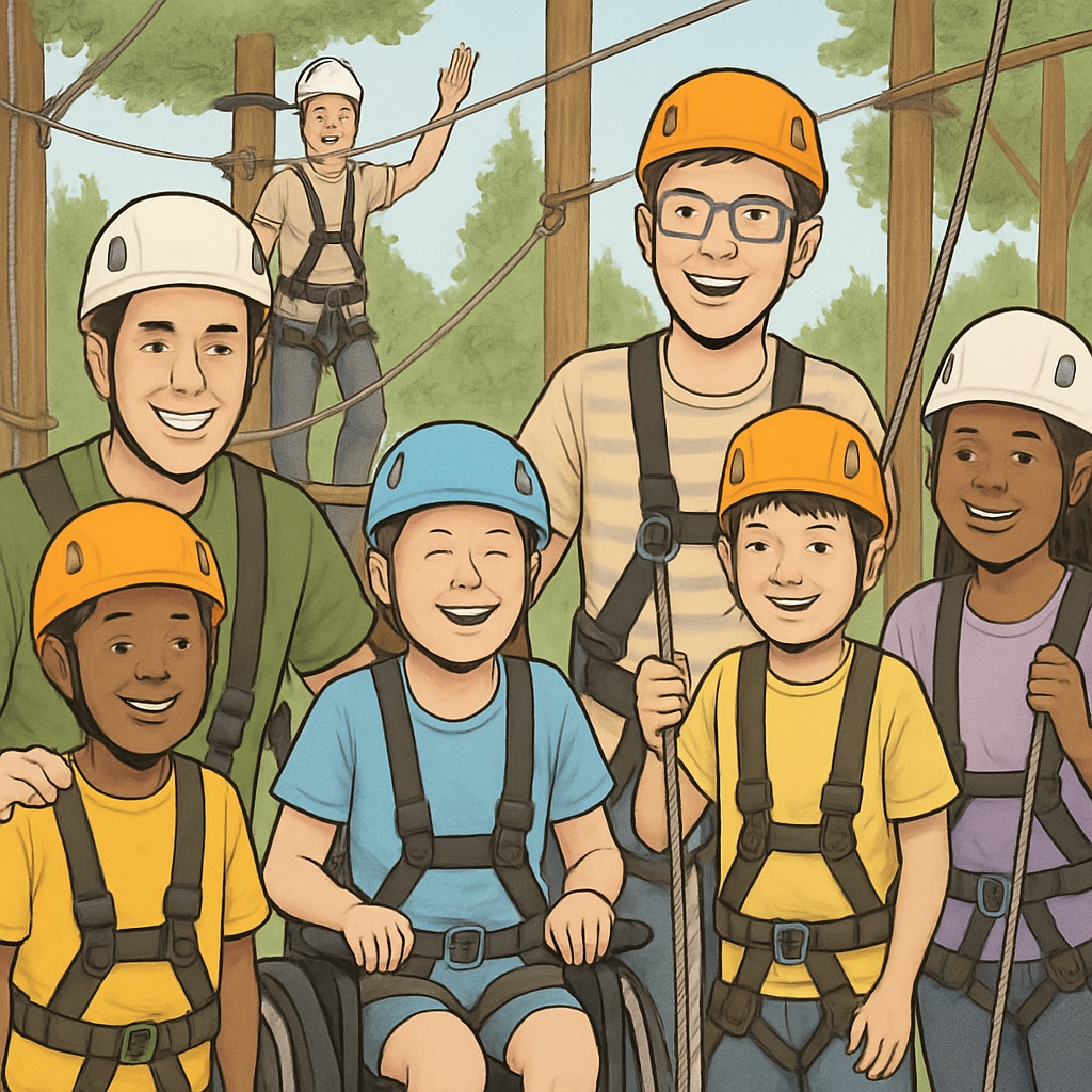 Diverse group of special needs teenagers and their counselors engaged in a ropes course activity at a summer camp. Participants are wearing safety helmets and smiling. Special education summer camp for older students