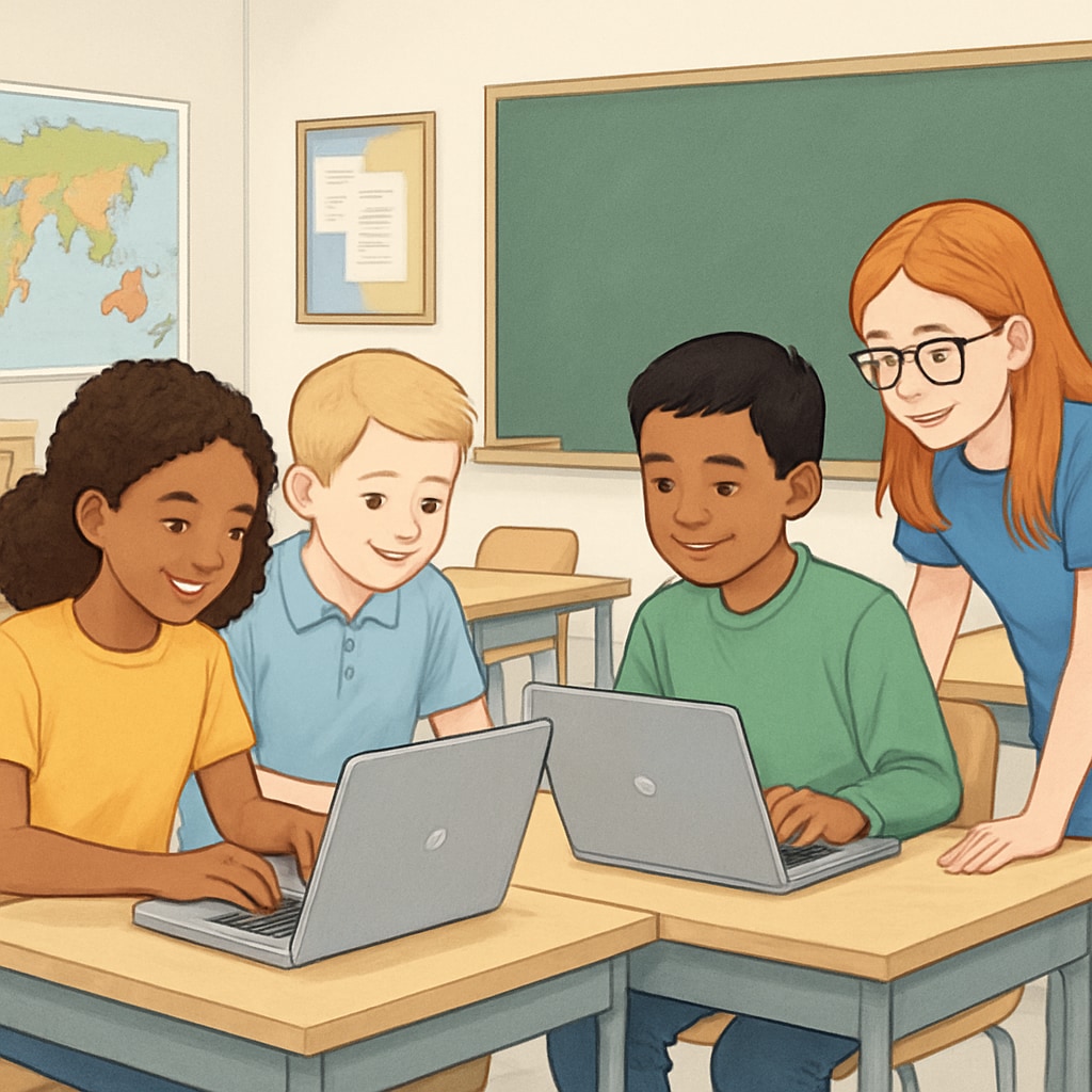 Diverse middle school students collaborating on laptops in a modern classroom, representing gifted education environments Gifted students in Duke TIP-style academic program