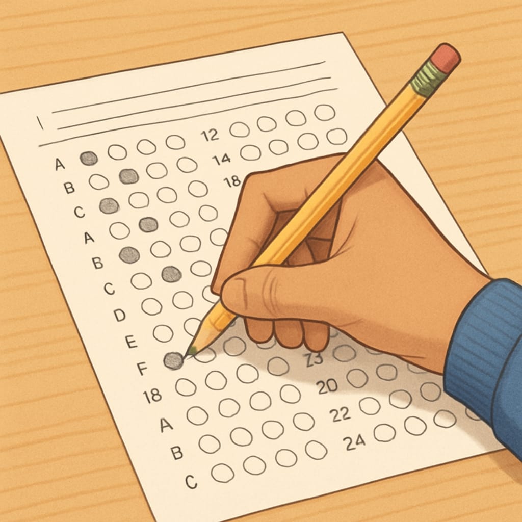 Close-up view of a student's hand filling out standardized test answer sheet with pencil, representing early ACT testing Student taking ACT exam for gifted program