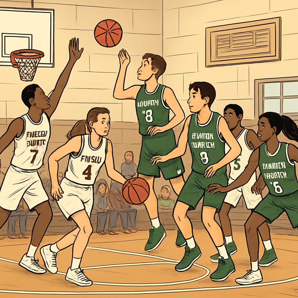 High school basketball game in a shared gymnasium showing mixed teams from public and charter schools competing Public and charter school basketball competition in shared sports facility