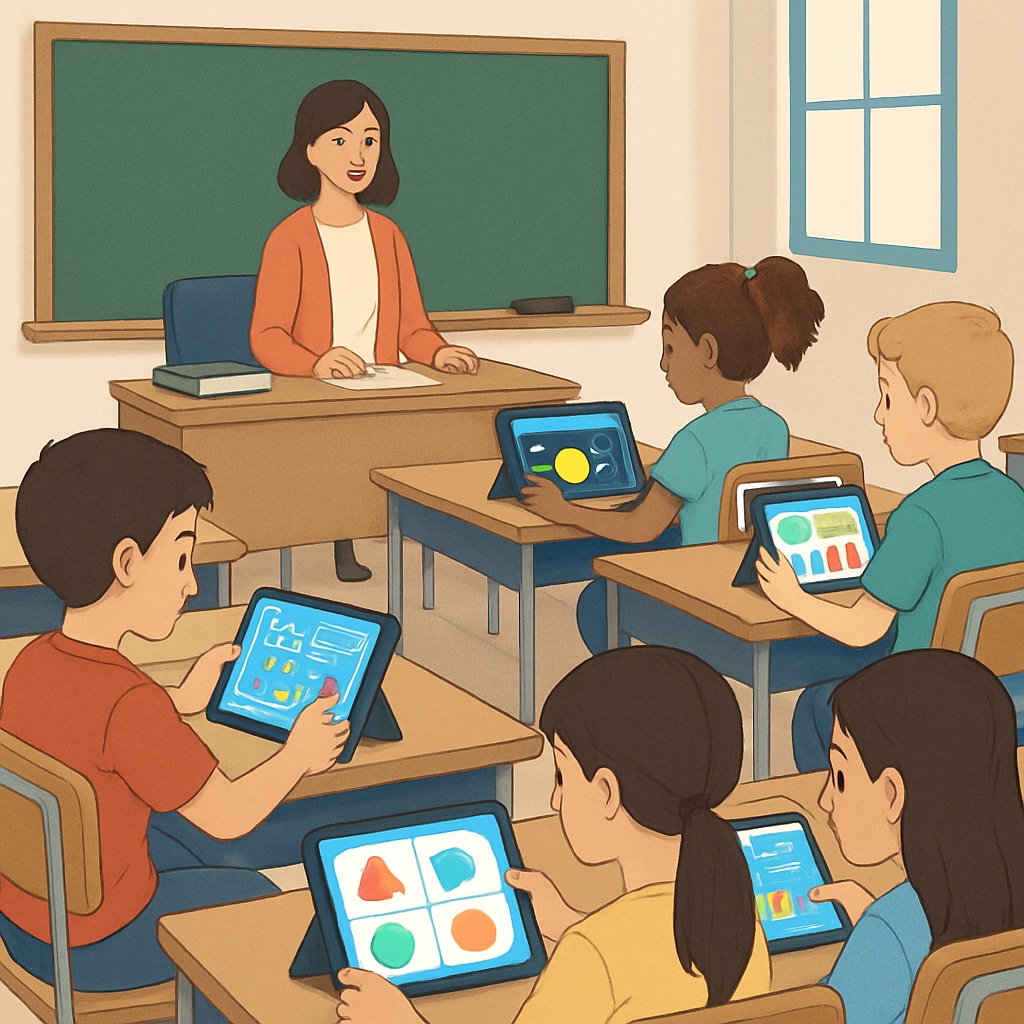A modern classroom with students using AI-powered tablets, featuring colorful educational interfaces AI education in classroom showing tech company and school partnership