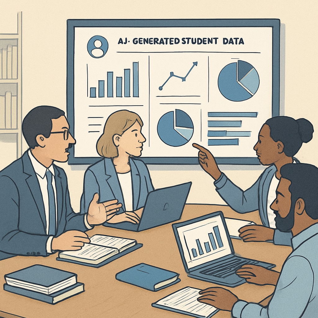 Professional development session where teachers analyze AI-generated student data dashboards Educators evaluating AI education tools in school partnership setting