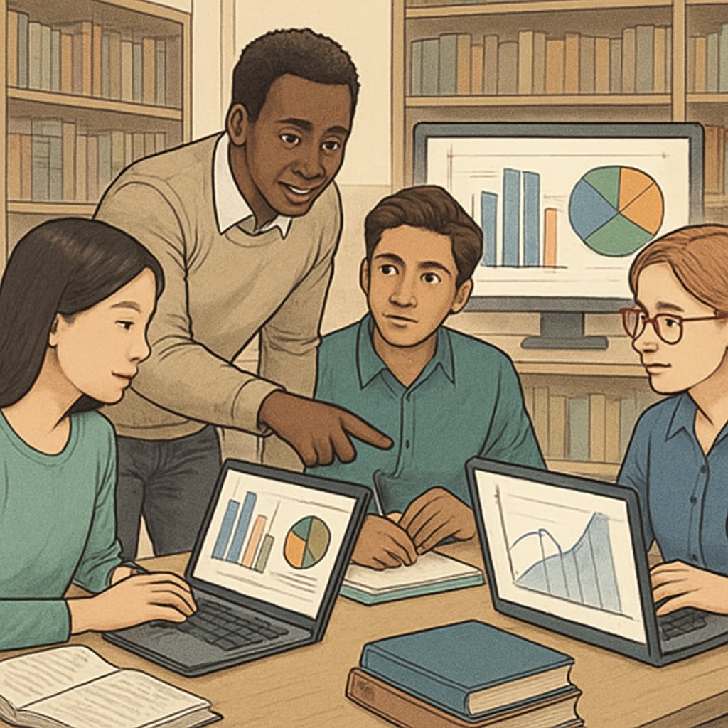 International students collaborating on data science coursework