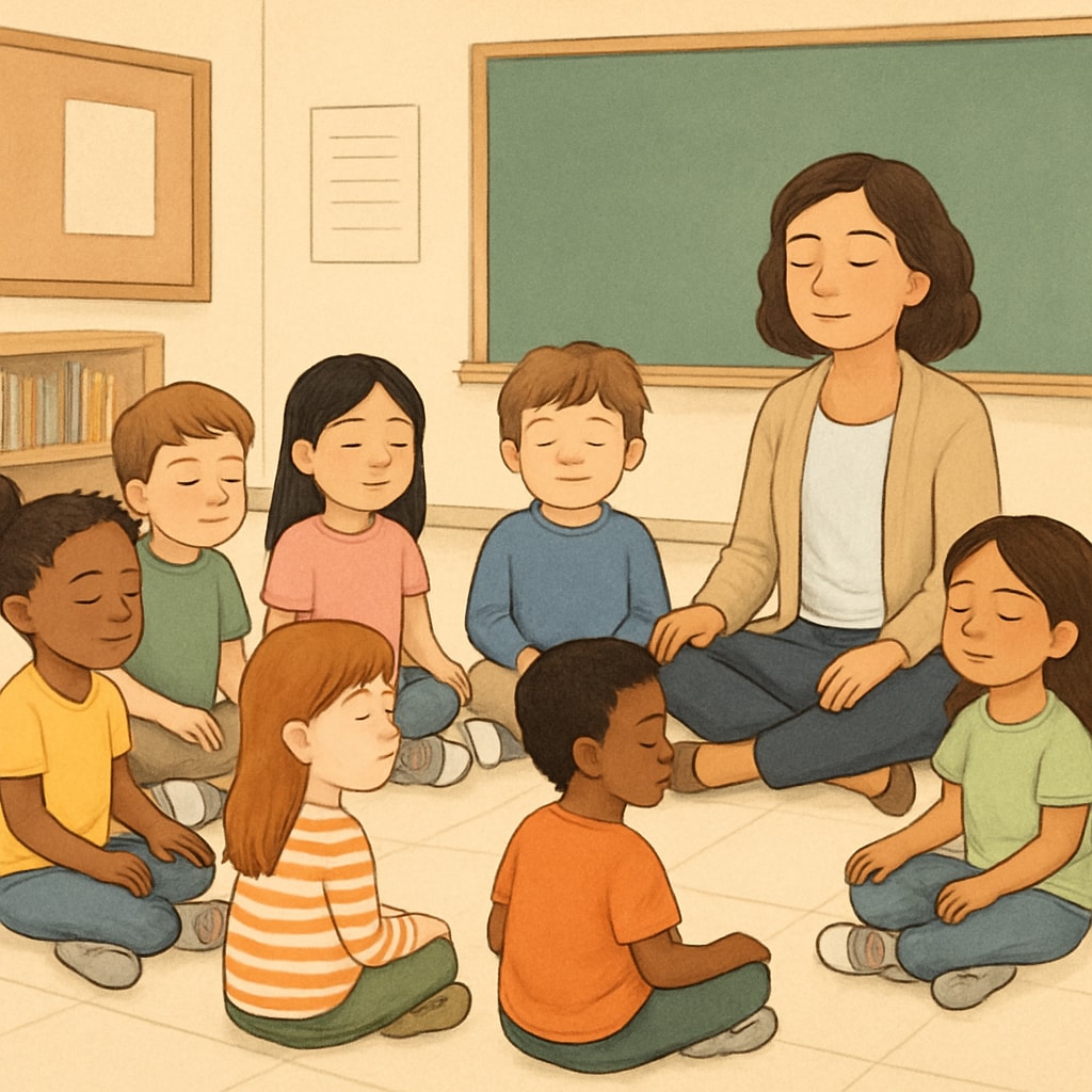 Mindfulness practice in classroom led by female educator