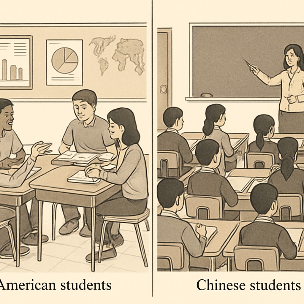 Comparative classroom photo showing American students in discussion groups versus Chinese students in lecture-style rows Education system comparison of U.S. and China classroom environments