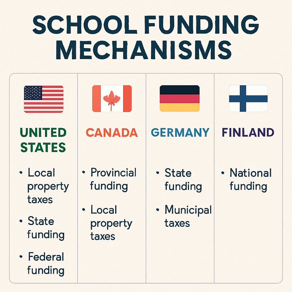 Color-coded infographic comparing school funding mechanisms between nations Resource allocation differences in American and Chinese education systems