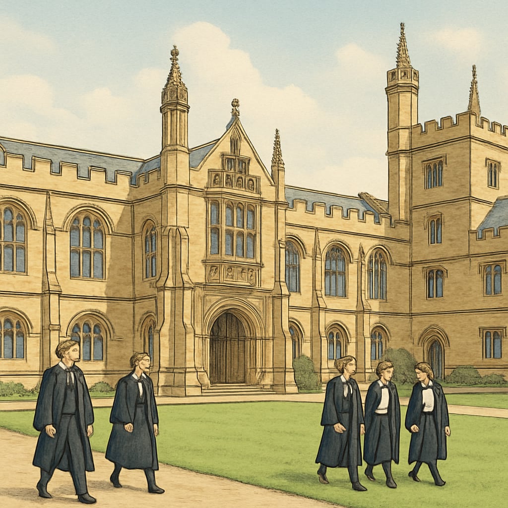 Historic Oxford University building with students in academic gowns walking through courtyard Oxford University campus showing international student experience
