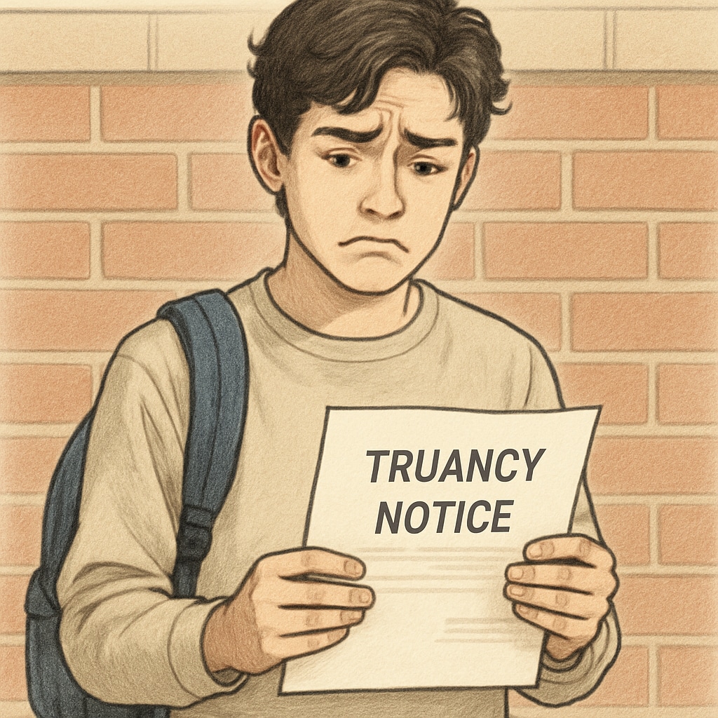 A high school student in casual clothing holding a truancy notice with visible distress, standing against a brick school wall. Teenager receiving truancy penalty under strict attendance policies