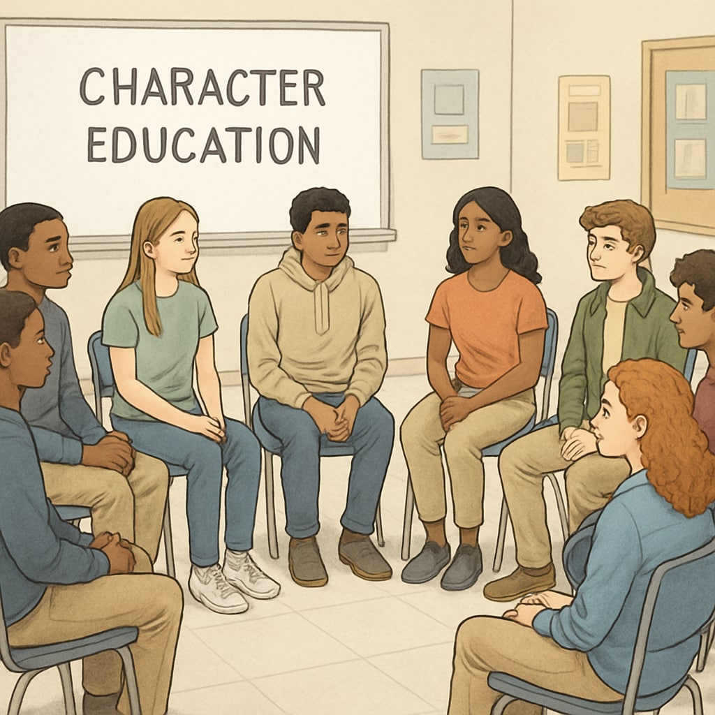 Diverse group of adolescents sitting in a circle during mandatory character education program in a community center. Church-intervention program for students penalized by truancy policies