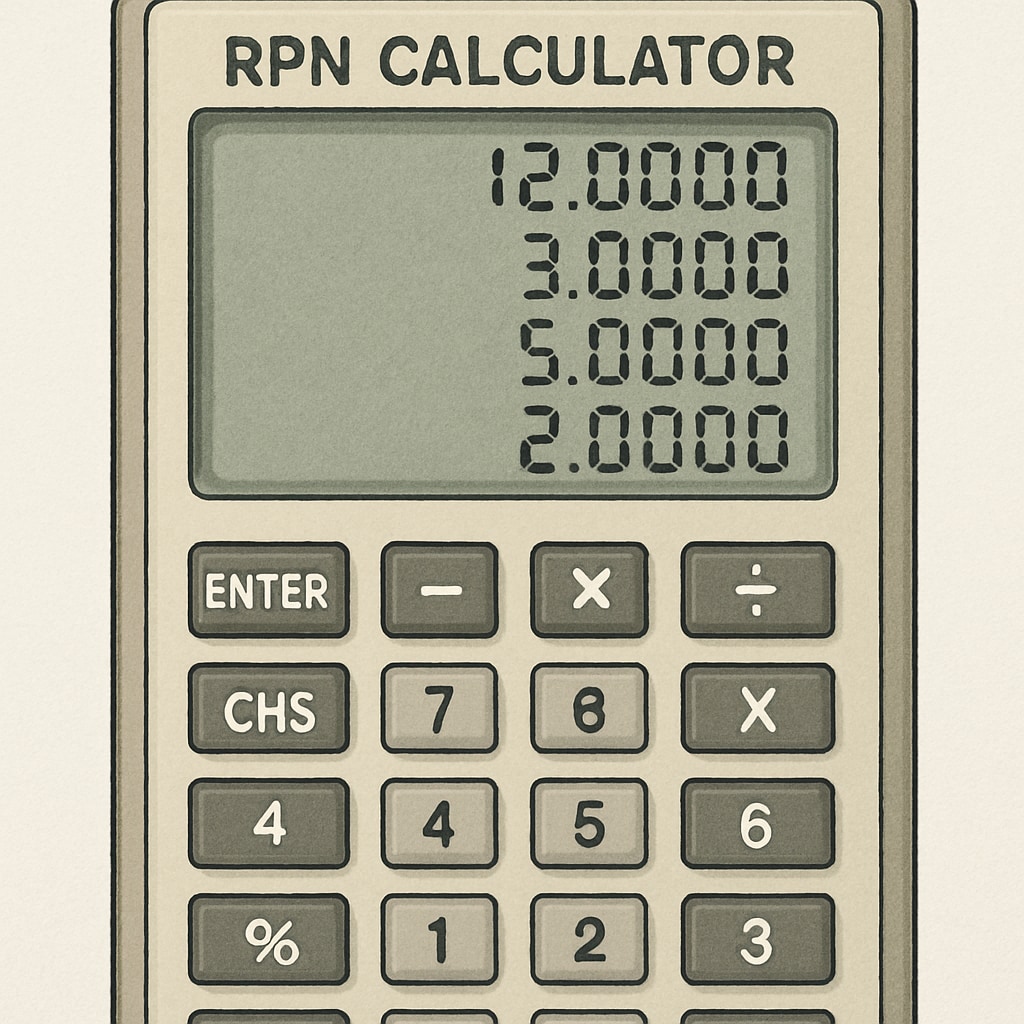 A close-up of an RPN calculator showing the unique button layout and display with numbers and operators clearly visible RPN calculator with postfix notation input