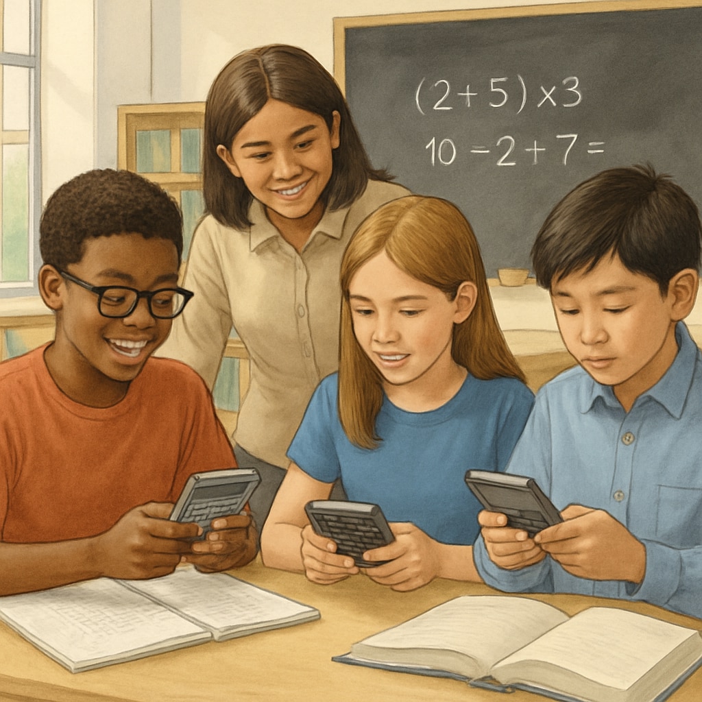 Diverse group of middle school students working on math problems using RPN calculators in a classroom setting Students using RPN calculators in math class