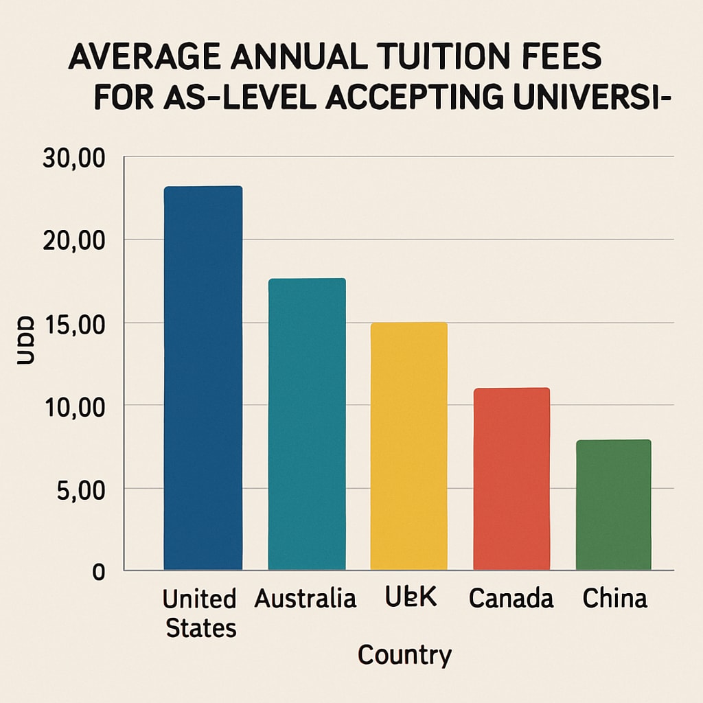 Comparative bar chart showing average annual tuition fees in USD for AS-level accepting universities across different countries Tuition fee comparison chart for AS-level university options