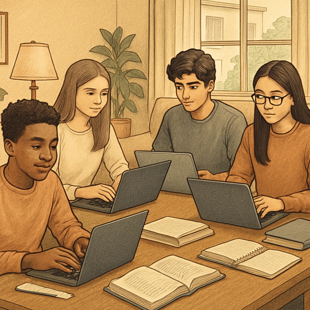 Khan World School dual enrollment students studying at home