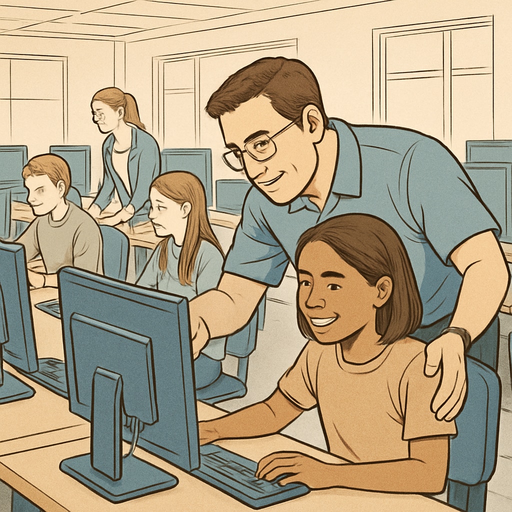Education technology specialist helping students with school equipment