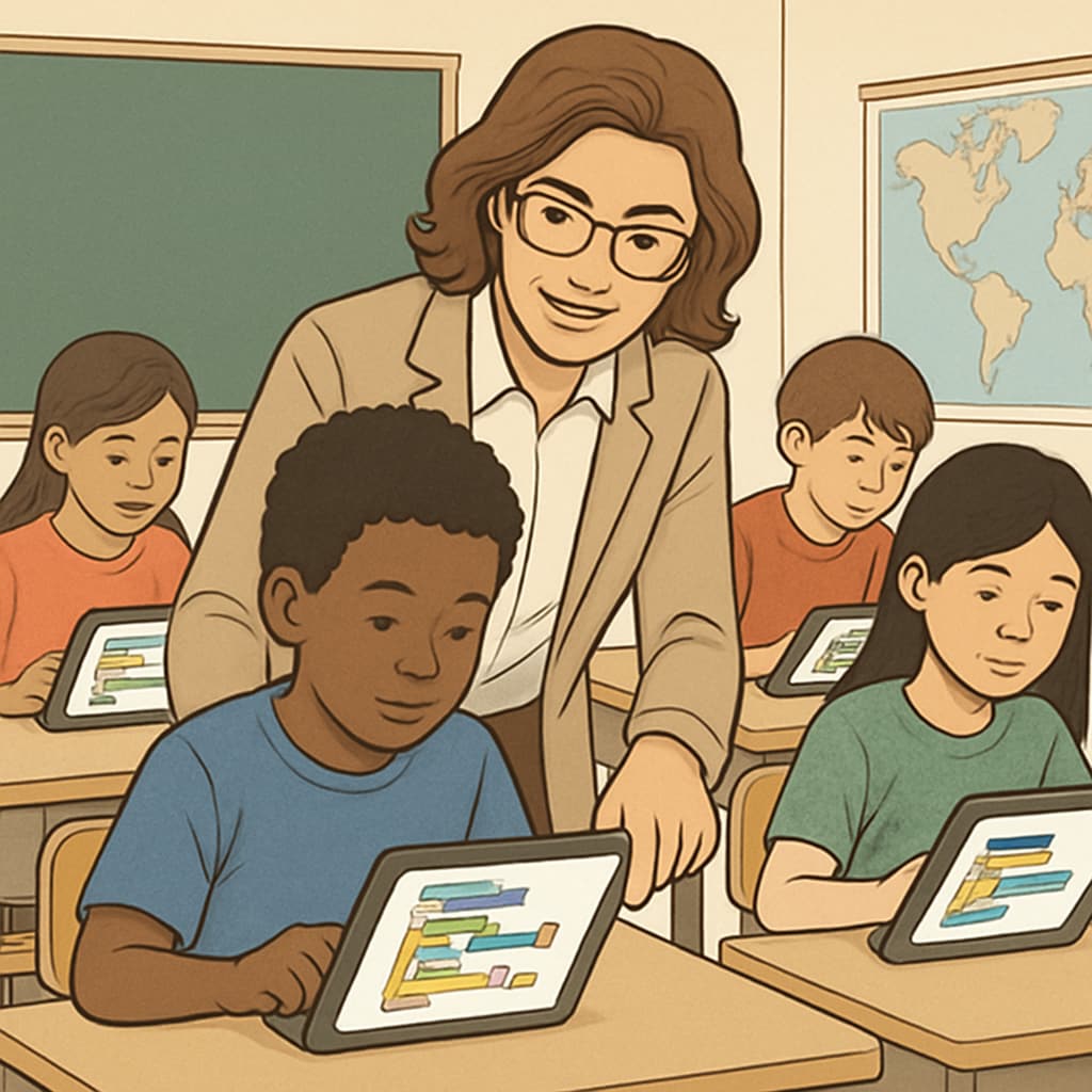 Teacher guiding AI education in modern classroom