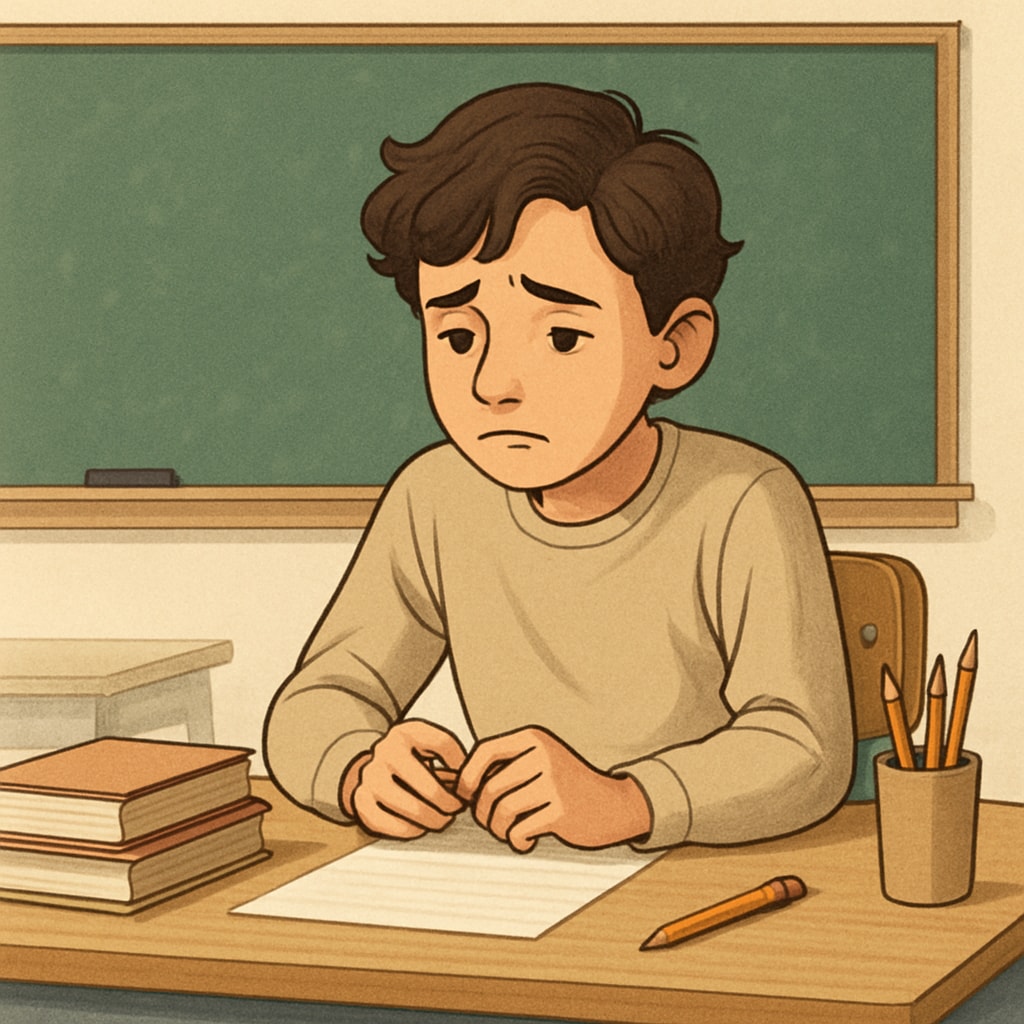 A middle school student showing signs of anxiety while working alone at a classroom desk Gifted student experiencing psychological pressure from educational labeling